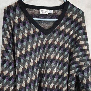 PRISTINE St. Croix Knits Wool Blend Black w/ Colorful Diamonds V-Neck Sweater L